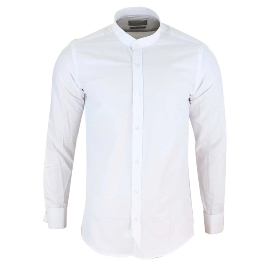 Men's White Nehru Classic Round Removable Collar Button Shirt Slim Regular Fit