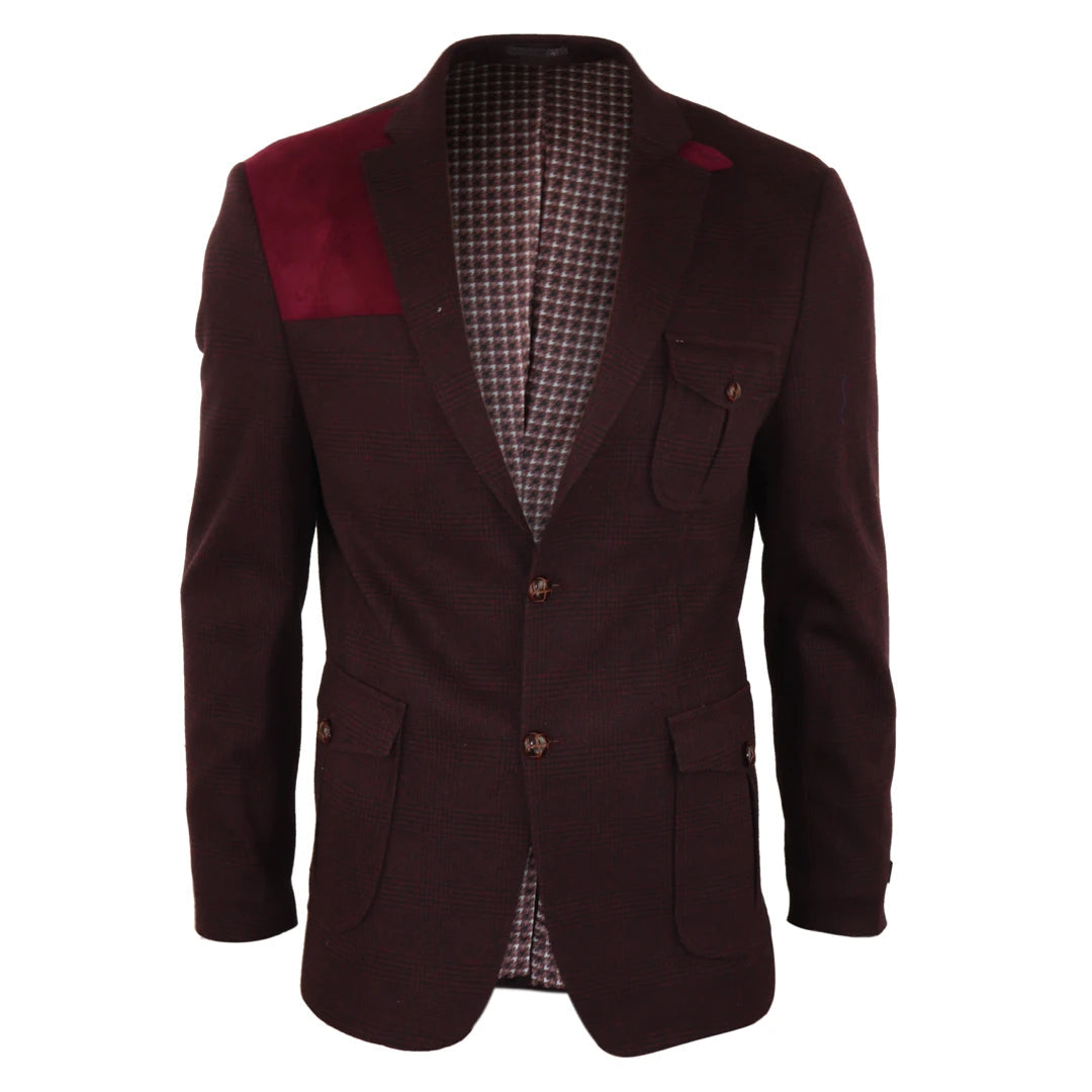 Men's Wool Tweed Jacket Hunting Blazer Check Elbow Patch Wine - TruClothing.com - 1