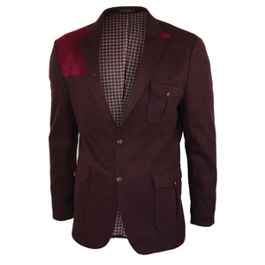Men's Wool Tweed Jacket Hunting Blazer Check Elbow Patch Wine - TruClothing.com - 2