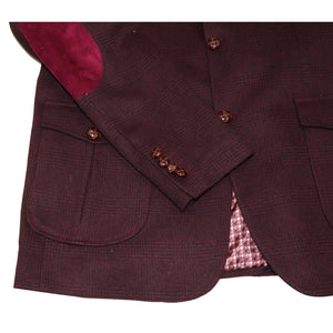 Men's Wool Tweed Jacket Hunting Blazer Check Elbow Patch Wine - TruClothing.com - 4