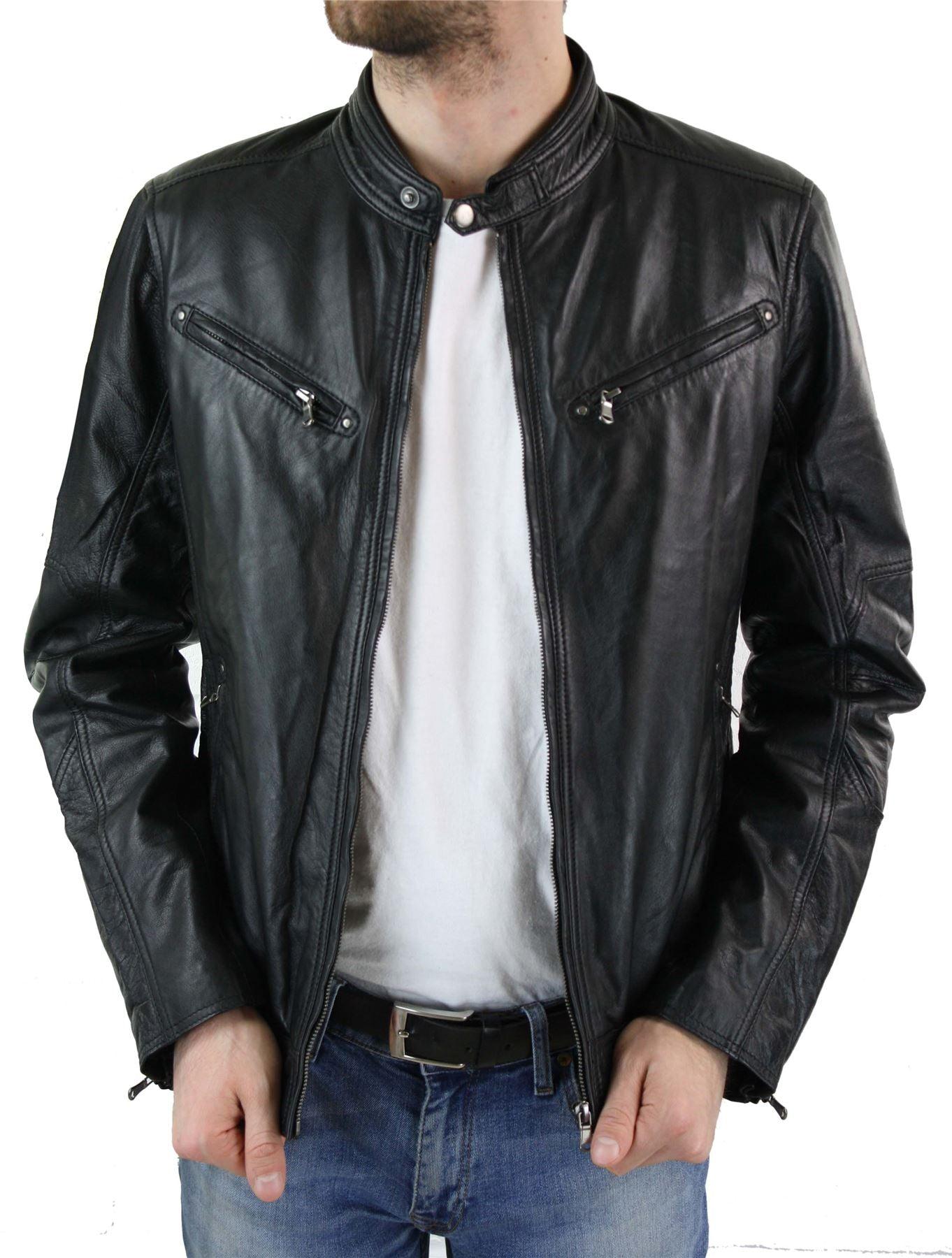 Mens Zipped Real Leather Biker Jacket Smart Casual Black Tan Brown Tailored Fit Vintage-TruClothing