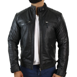 Men's Zipped Short Biker Leather Jacket - Black - Aviatrix - 2