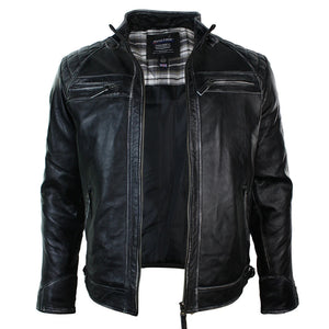 Men's Zipped Short Biker Leather Jacket - Black - Aviatrix - 28