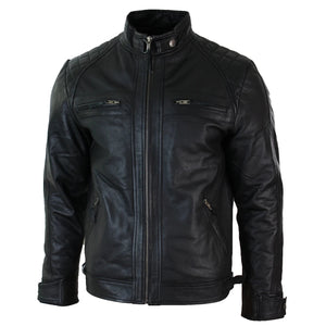 Men's Zipped Short Biker Leather Jacket - Black - Aviatrix - 3