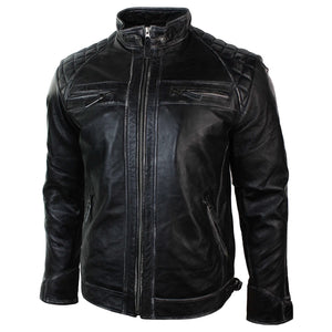 Men's Zipped Short Biker Leather Jacket - Black - Aviatrix - 30