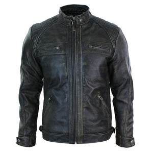 Men's Zipped Short Biker Leather Jacket - Black - Aviatrix - 31