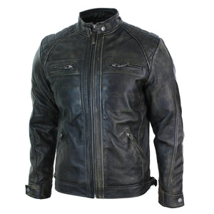 Men's Zipped Short Biker Leather Jacket - Black - Aviatrix - 32