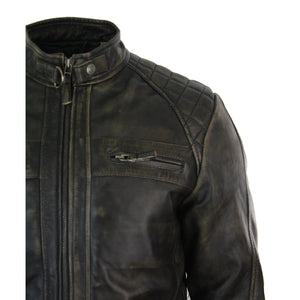 Men's Zipped Short Biker Leather Jacket - Black - Aviatrix - 33