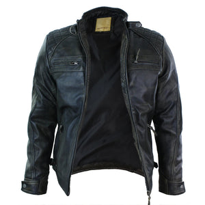 Men's Zipped Short Biker Leather Jacket - Black - Aviatrix - 34