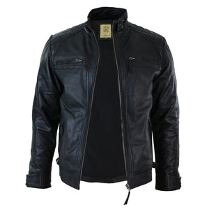 Men's Zipped Short Biker Leather Jacket - Black - Aviatrix - 4
