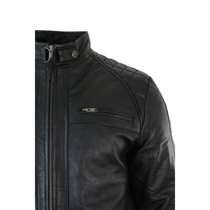 Men's Zipped Short Biker Leather Jacket - Black - Aviatrix - 5