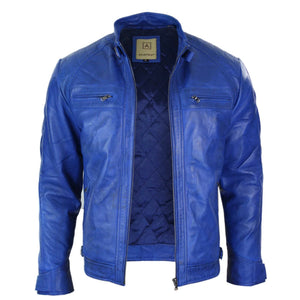 Men's Zipped Short Biker Leather Jacket - Blue - Aviatrix - 10