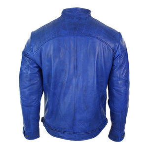 Men's Zipped Short Biker Leather Jacket - Blue - Aviatrix - 11