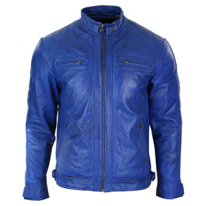 Men's Zipped Short Biker Leather Jacket - Blue - Aviatrix - 7