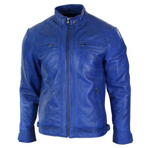 Men's Zipped Short Biker Leather Jacket - Blue - Aviatrix - 8