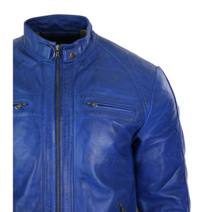 Men's Zipped Short Biker Leather Jacket - Blue - Aviatrix - 9