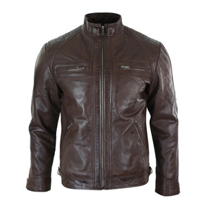Men's Zipped Short Biker Leather Jacket - Brown - Aviatrix - 12