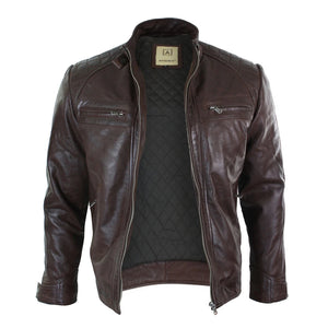Men's Zipped Short Biker Leather Jacket - Brown - Aviatrix - 15