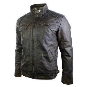 Men's Zipped Short Biker Leather Jacket - Brown - Aviatrix - 47