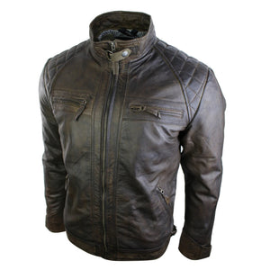 Men's Zipped Short Biker Leather Jacket - Brown - Aviatrix - 48