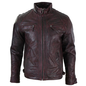Men's Zipped Short Biker Leather Jacket - Burgundy - Aviatrix - 41