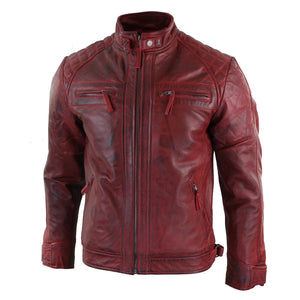 Men's Zipped Short Biker Leather Jacket - Red - Aviatrix - 23