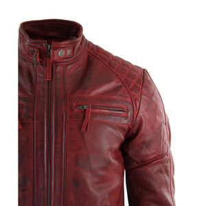 Men's Zipped Short Biker Leather Jacket - Red - Aviatrix - 24