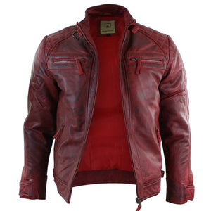 Men's Zipped Short Biker Leather Jacket - Red - Aviatrix - 25