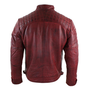 Men's Zipped Short Biker Leather Jacket - Red - Aviatrix - 26