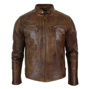 Men's Zipped Short Biker Leather Jacket - Timber - Aviatrix - 17