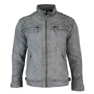 Men's Zipped Short Biker Leather Jacket - White - Aviatrix - 36