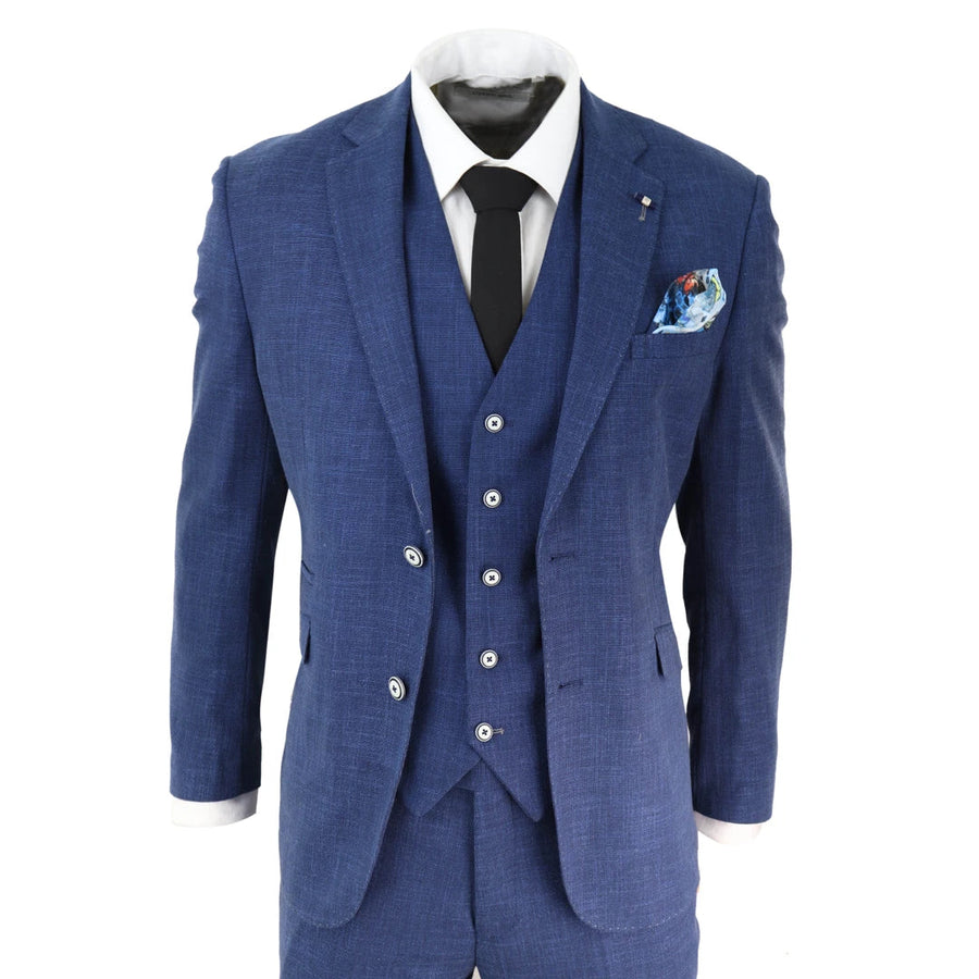 Miami - Traje de 3 Piezas para Hombre Azul Verano Lino Boda Prom Clásico - House of Cavani - 1
