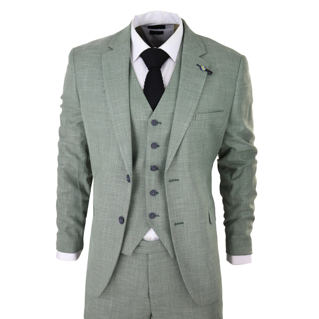 Costume 3 pièces pour homme lin vert sauge coupe ajustée style mariage été fête classique - House of Cavani - 1