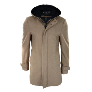 Herren Jacke 3/4 Langer Mantel Abnehmbare Kapuze Smart Casual Winter Warme Wolle - Beige - House of Cavani - 6