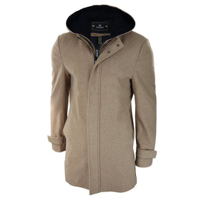 Herren Jacke 3/4 Langer Mantel Abnehmbare Kapuze Smart Casual Winter Warme Wolle - Beige - House of Cavani - 7