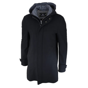 Herren Jacke 3/4 Langer Mantel Abnehmbare Kapuze Smart Casual Winter Warme Wolle - Schwarz - House of Cavani - 2