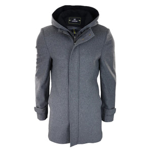 Herren Jacke 3/4 Langer Mantel Abnehmbare Kapuze Smart Casual Winter Warme Wolle - Grau - House of Cavani - 11