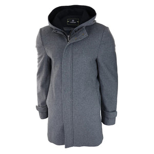 Herren Jacke 3/4 Langer Mantel Abnehmbare Kapuze Smart Casual Winter Warme Wolle - Grau - House of Cavani - 12