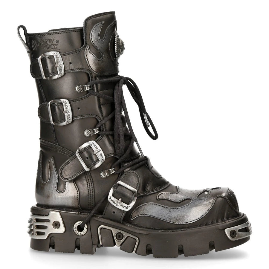 New Rock 107-S2 Stiefel Schwarz Silber Gothisches Design Lederboots - New Rock - 1