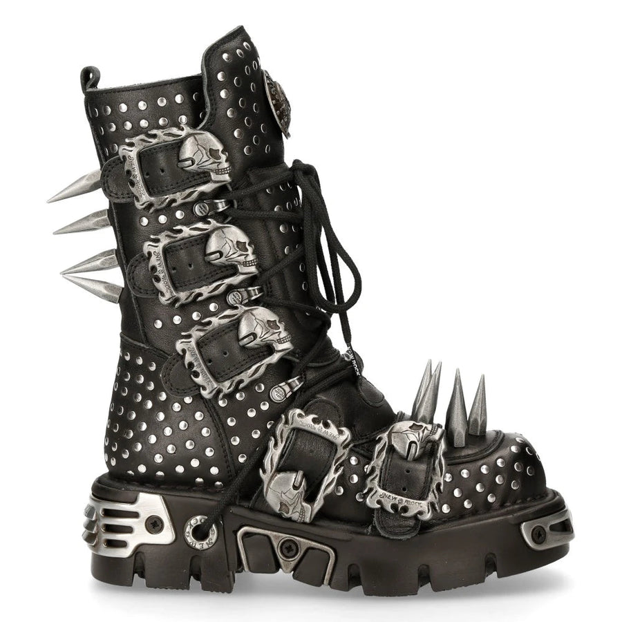 New Rock 1535-S1 Schwarzes Leder Militärstiefel Metallspitzen Schnallen Punk EMO - New Rock - 1