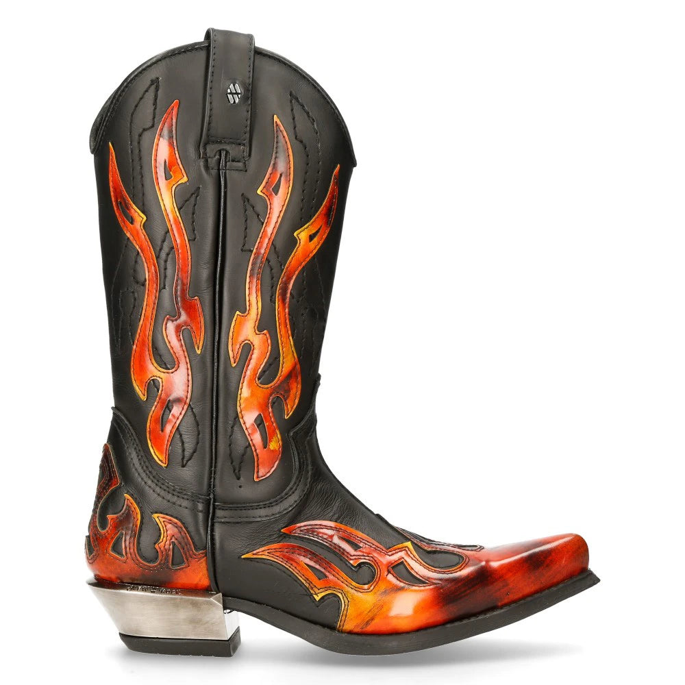 New Rock 7921-S2 Unisex Leather WEST Black Red Cowboy Leather Boots - New Rock - 1