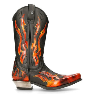 New Rock 7921-S2 Unisex Leather WEST Black Red Cowboy Leather Boots - New Rock - 1