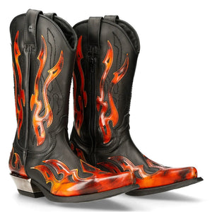 New Rock 7921-S2 Unisex Leather WEST Black Red Cowboy Leather Boots - New Rock - 2