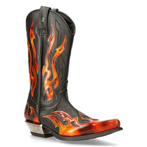 New Rock 7921-S2 Unisex Leather WEST Black Red Cowboy Leather Boots - New Rock - 3