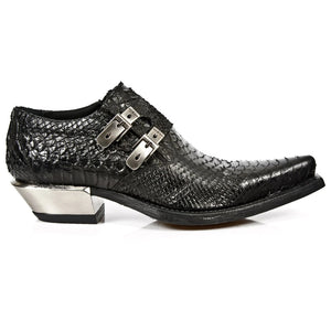 New Rock 7934-S2 Cizme Cu Piton Embosat Piele Neagră Cataramă Toc De Oțel - New Rock - 1