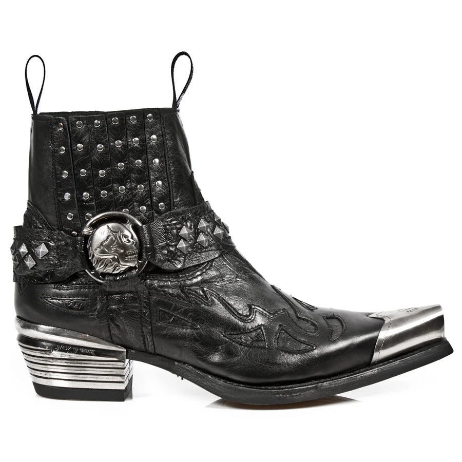 New Rock 7950P-S1 Schwarzes Leder Stiefel Militär Cowboy Metallspitzen Biker Rock - New Rock - 1