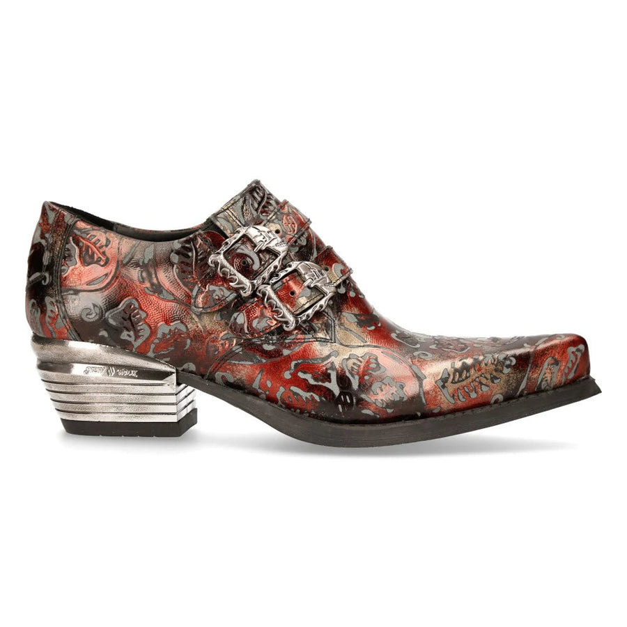 New Rock 7960-S5 Black Vintage Red Flower Leather Western Steel Paisley Shoes - New Rock - 1