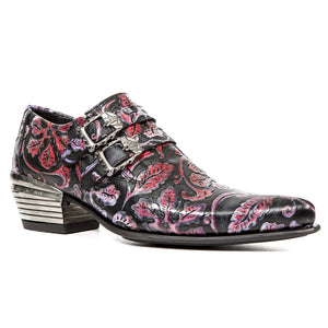 New Rock Chaussures 7960-S6 motif repoussé cuir noir et rouge boucle et talon métallique - New Rock - 2