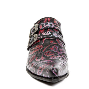 New Rock Chaussures 7960-S6 motif repoussé cuir noir et rouge boucle et talon métallique - New Rock - 3