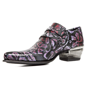 New Rock Chaussures 7960-S6 motif repoussé cuir noir et rouge boucle et talon métallique - New Rock - 4